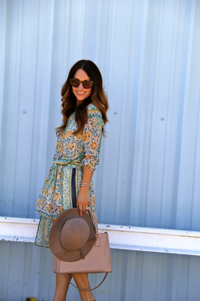 floral boho dress, floppy hat