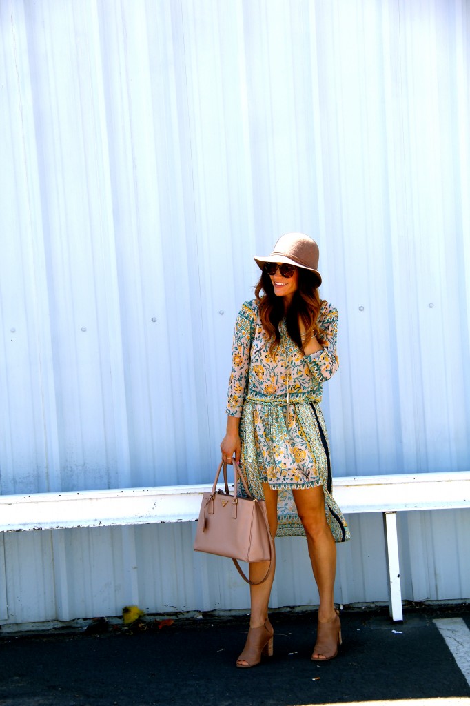 floppy hat, floral boho dress