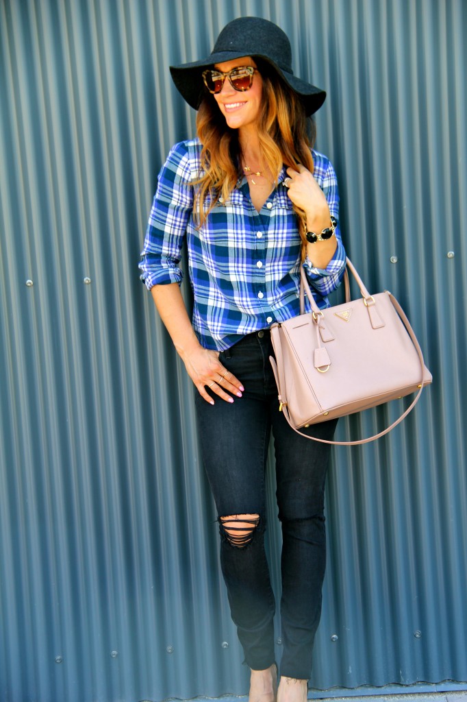 distressed denim, plaid shirt