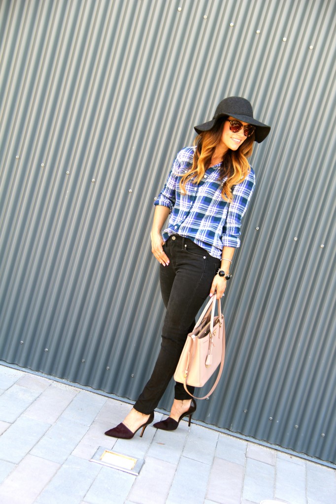 floppy hat, distressed denim, plaid top