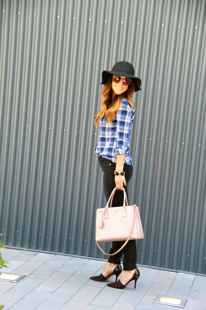 floppy felt hat, plaid shirt 