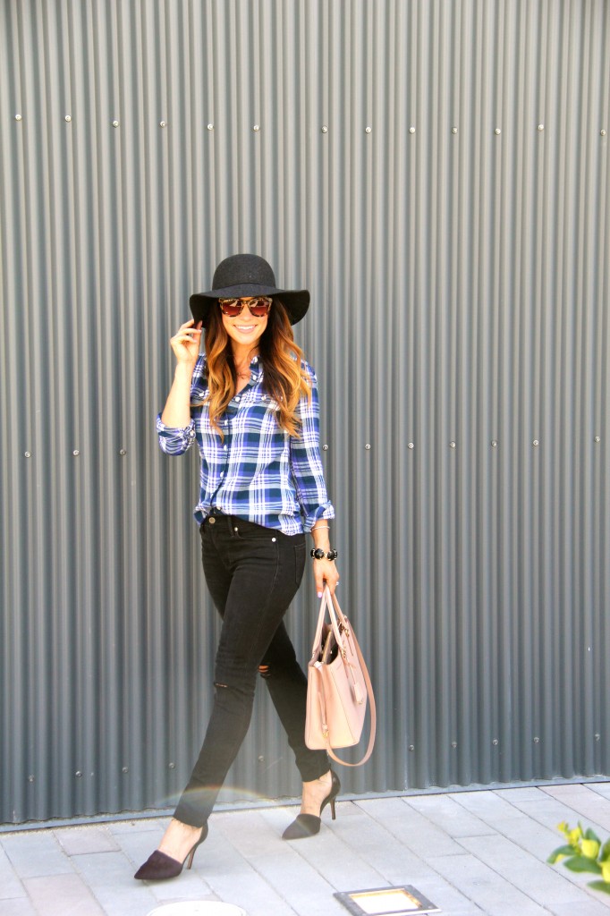 distressed denim, plaid shirt 