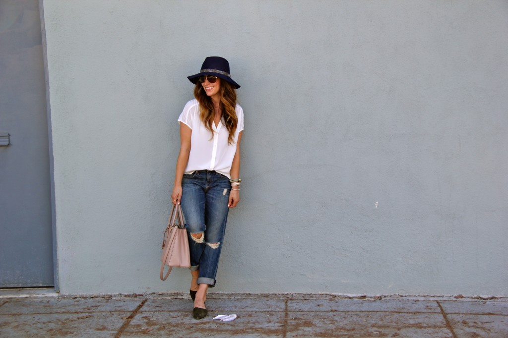 boyfriend jeans, navy fedora 