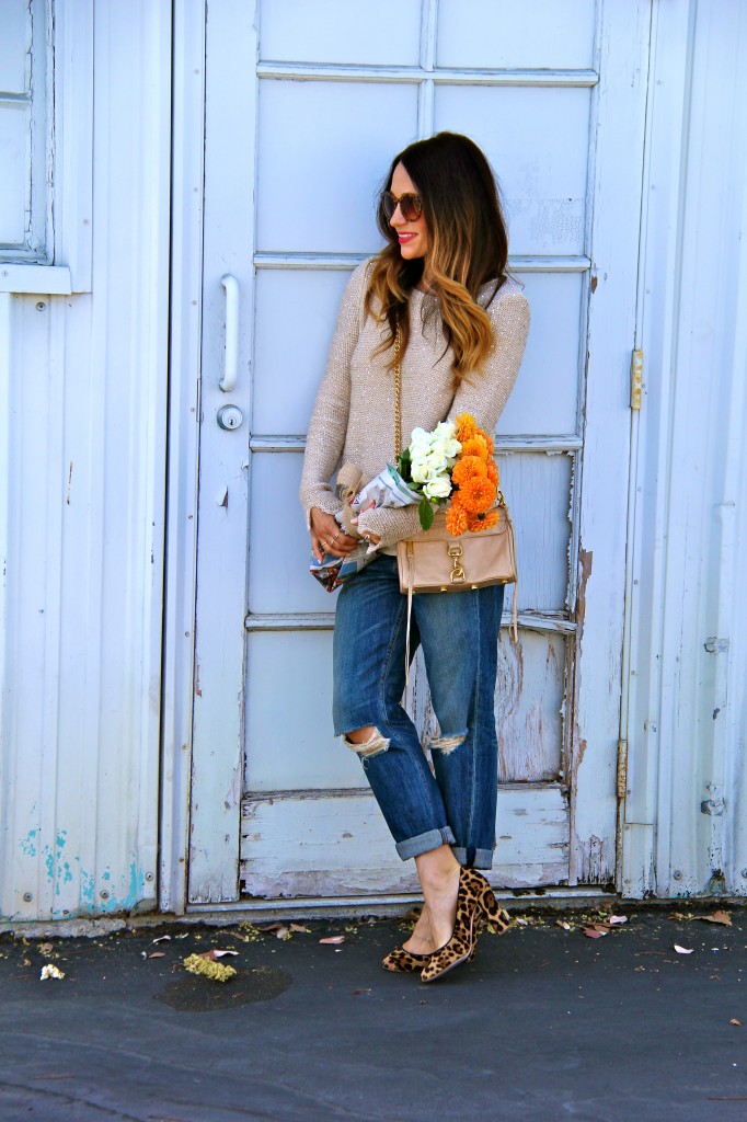 leopard pumps, boyfriend jeans, gold sweater 