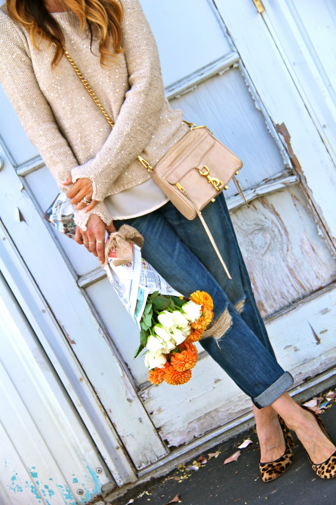 leopard pumps, gold sweater, boyfriend jeans 