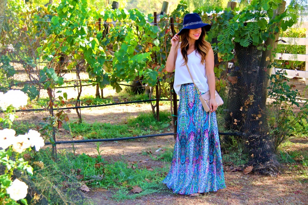 maxi skirt, navy fedora 