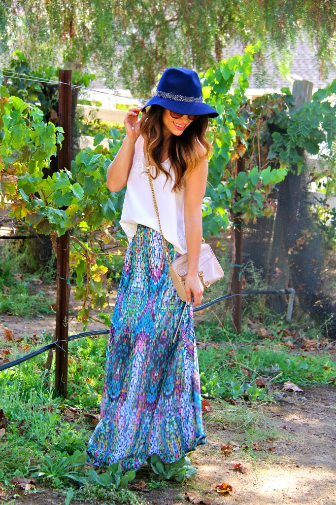 maxi skirt, navy fedora 