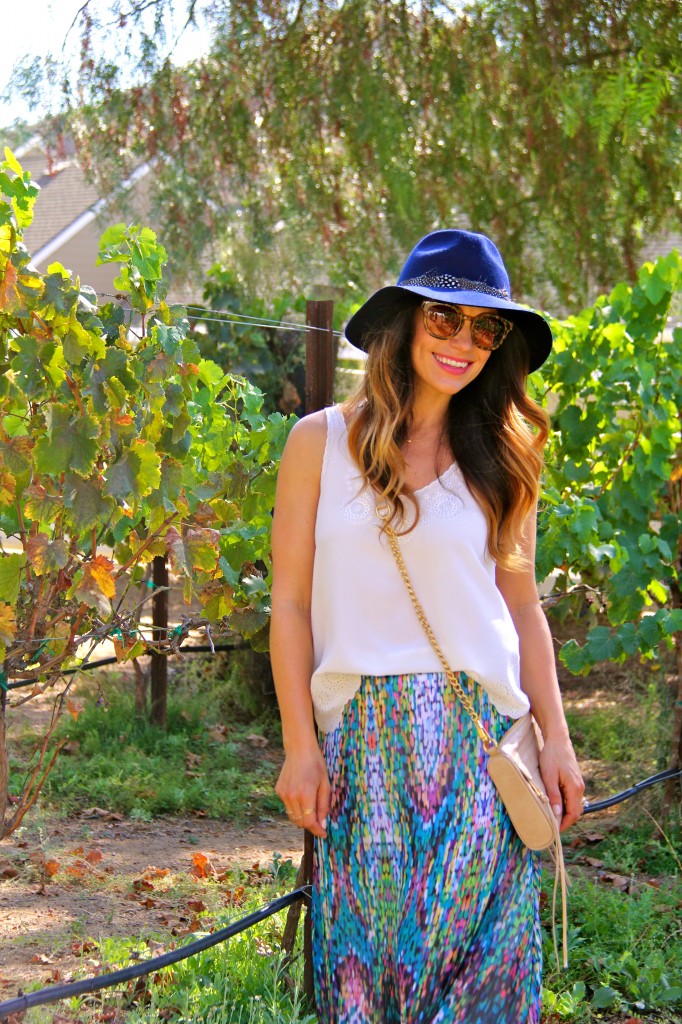 maxi skirt, navy fedora 