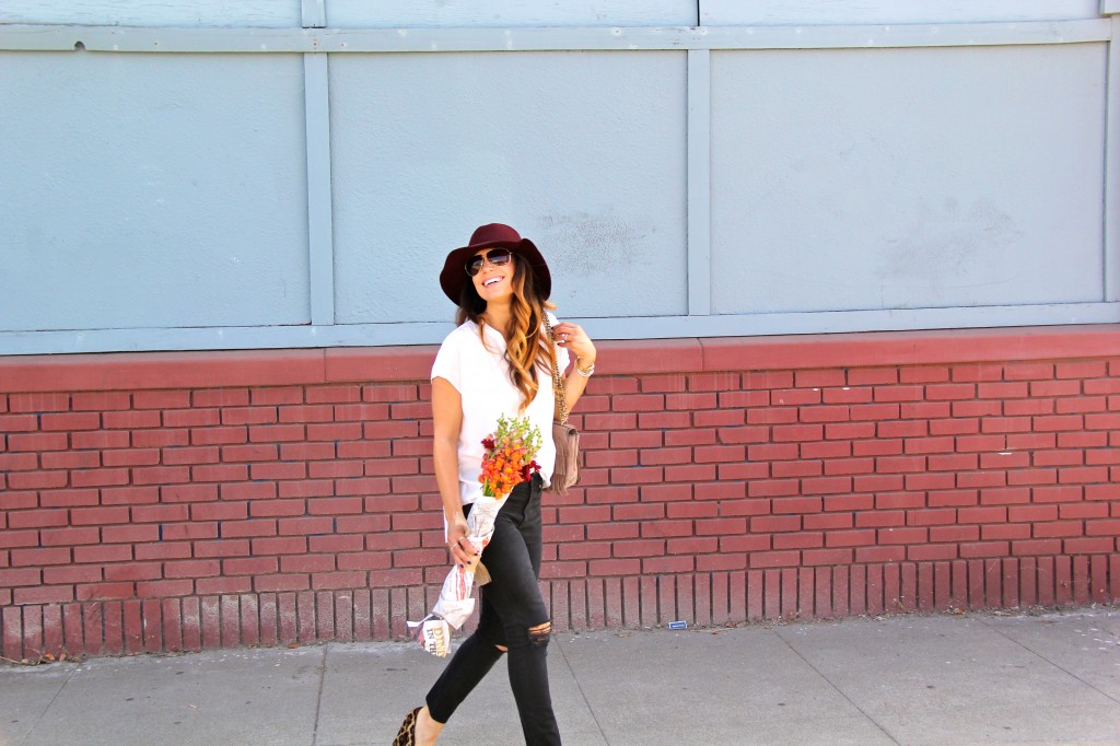 white blouse, maroon fedora