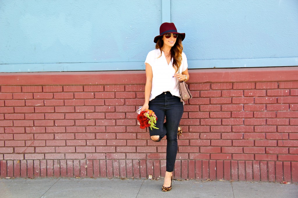 white blouse, distressed demim, fedora 