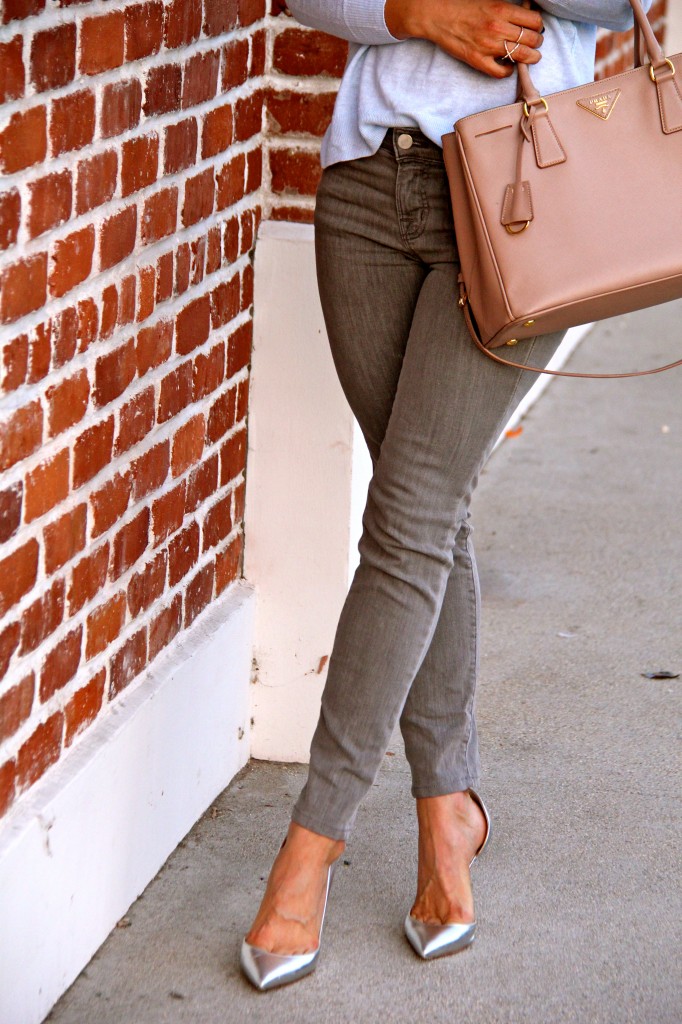 silver d'orsay pumps, grey jeans