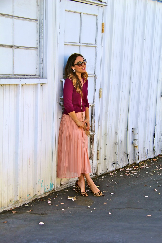 blush skirt, maroon sweater, leopard pumps