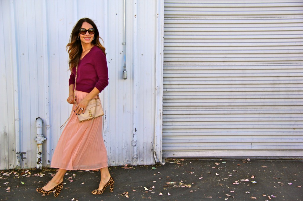 blush skirt, maroon sweater, leopard pumps