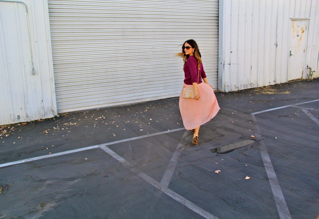 blush skirt, maroon sweater