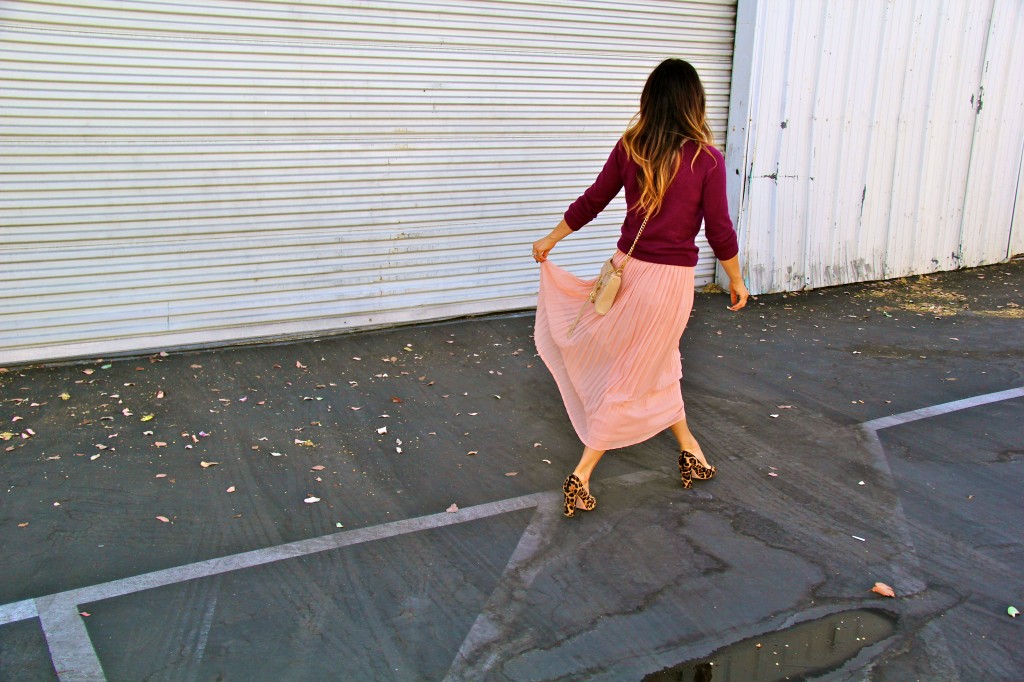 blush skirt, maroon sweater