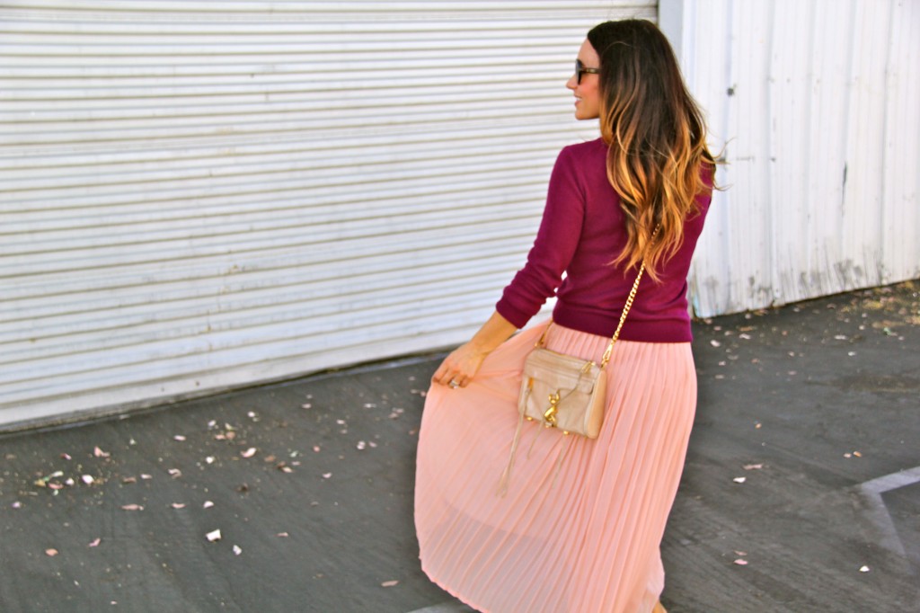 blush skirt, rebecca minkoff purse