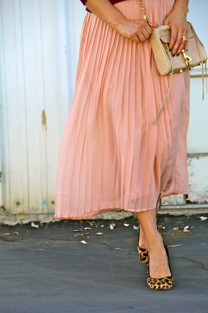 blush skirt, leopard pumps