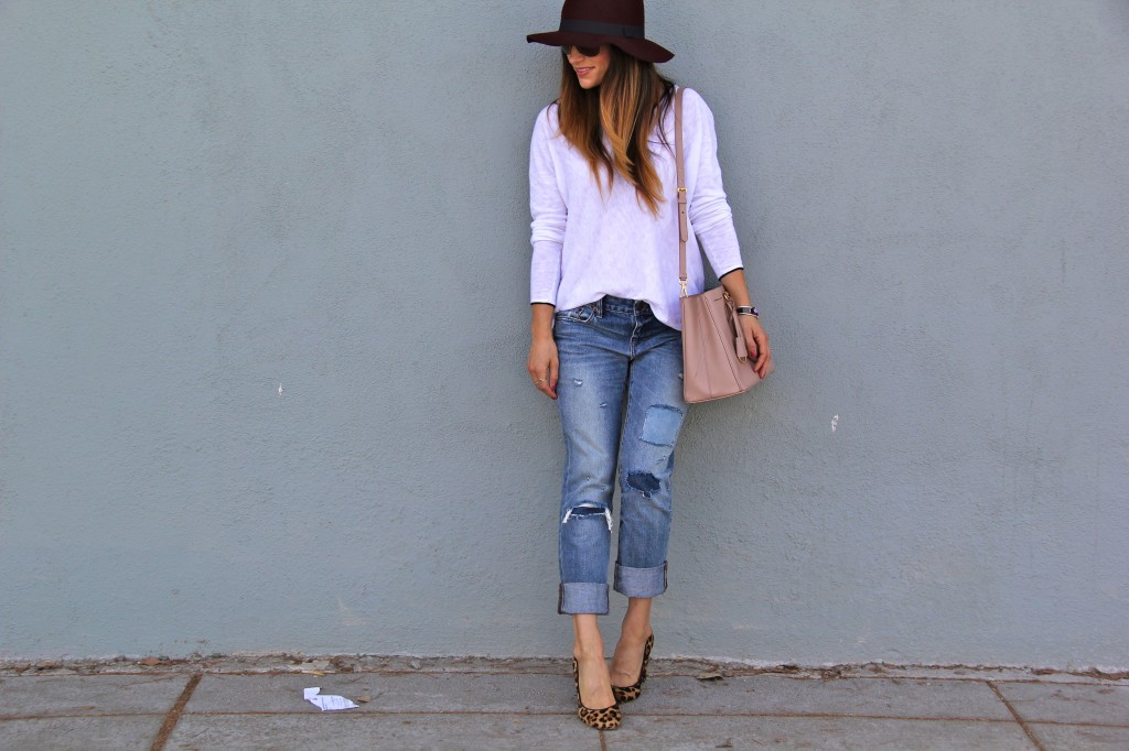 distressed boyfriend jeans, oxblood fedora