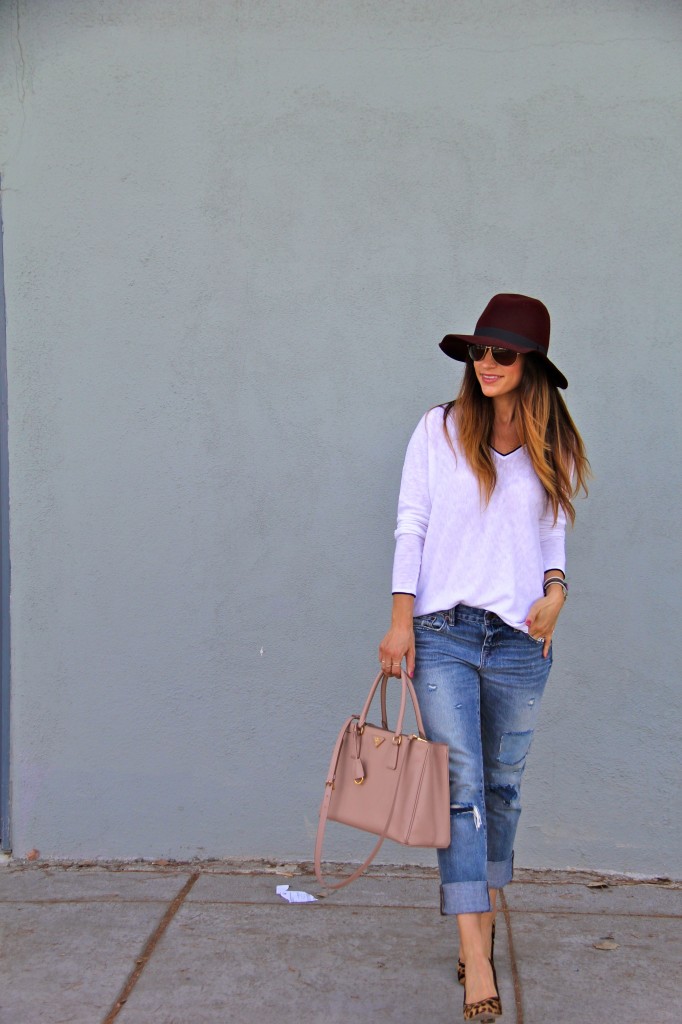 distressed boyfriend jeans, oxblood fedora