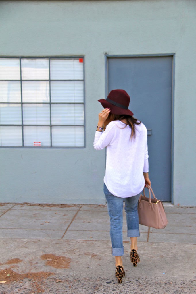 leopard pumps, oxblood fedora