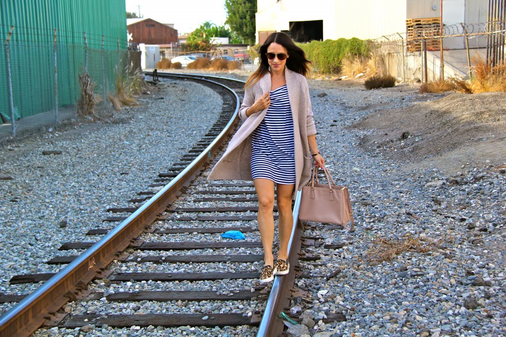 stripe dress, long sweater, leopard sneakers 