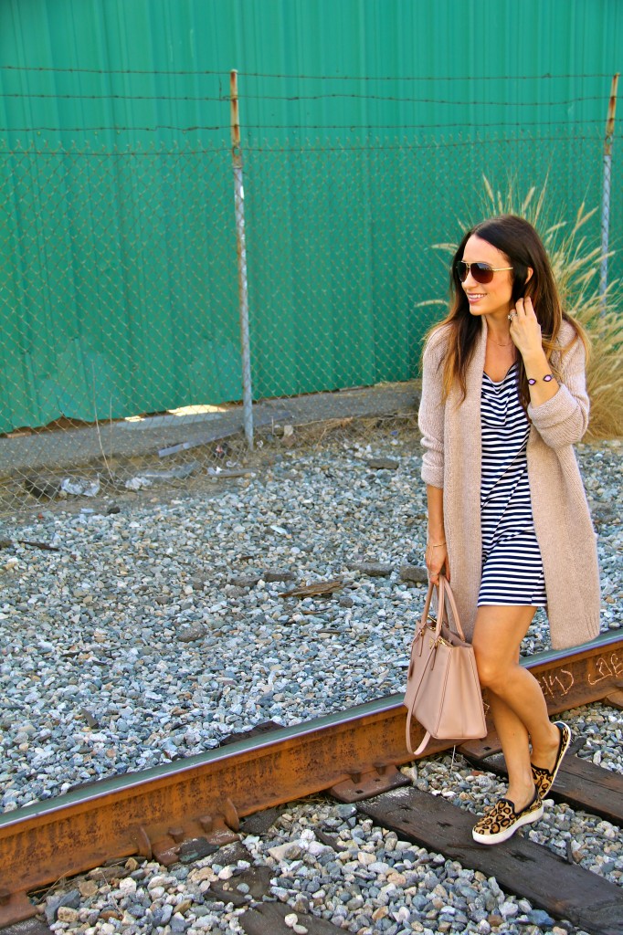 leopard sneakers, stripe dress, long sweater 