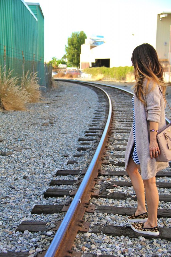 stripe dress, long sweater, leopard sneakers 