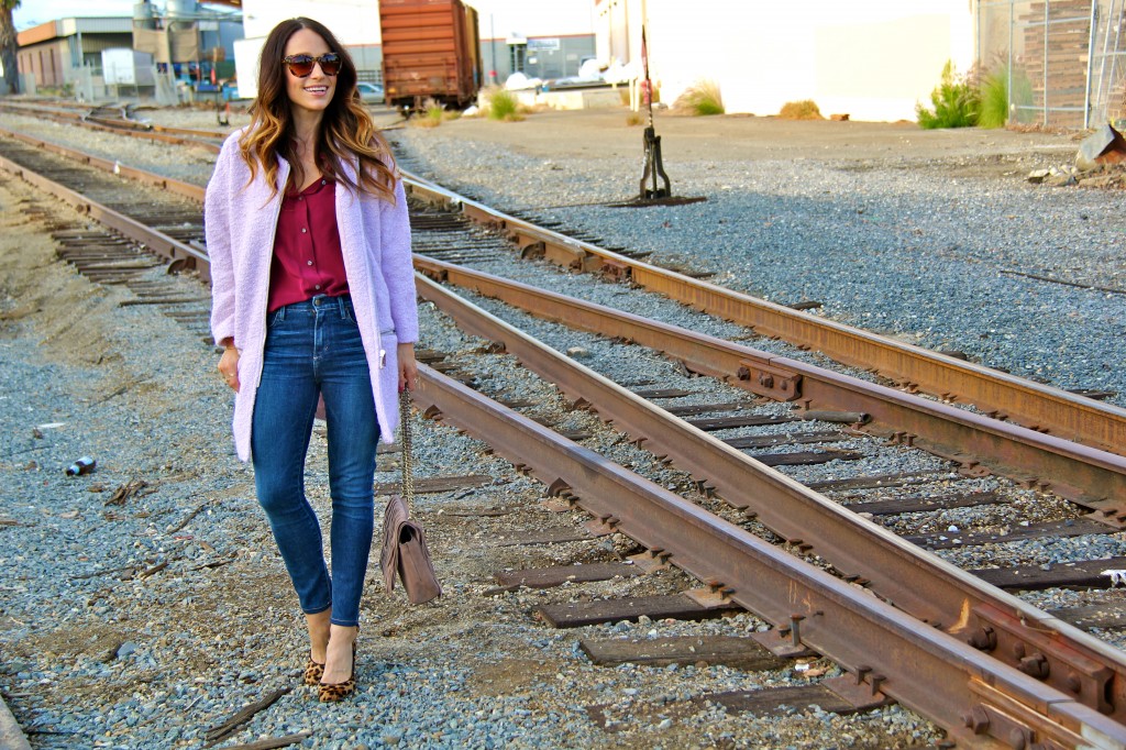 pink cocoon coat, high waisted jeans