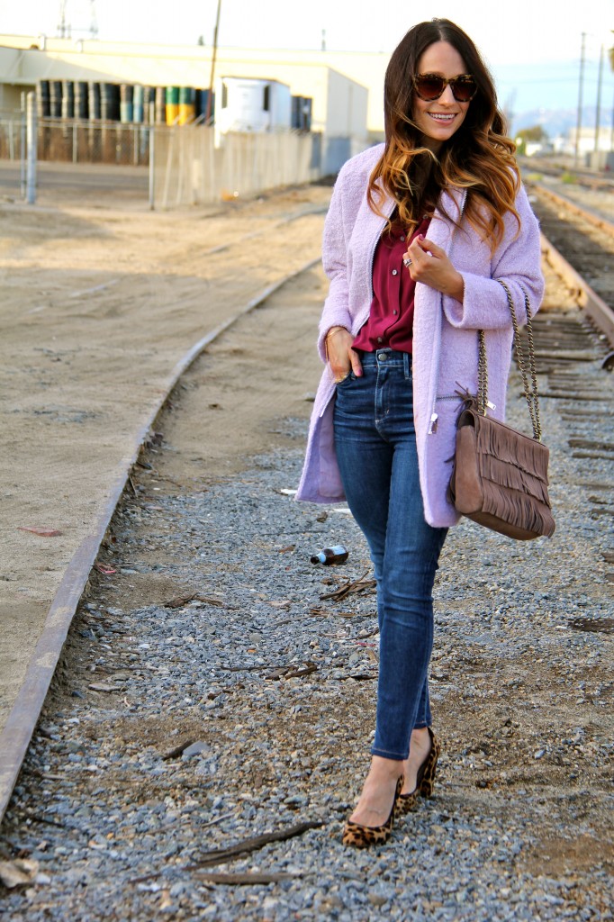 pink cocoon coat, high waisted jeans