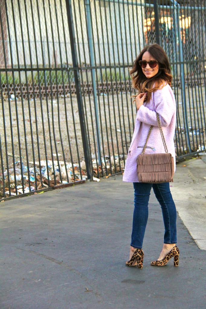 pink cocoon coat, leopard pumps