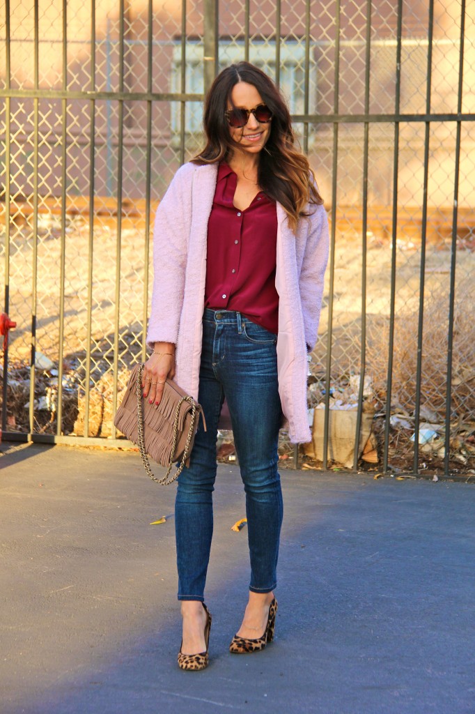 pink cocoon coat, high waisted jeans 