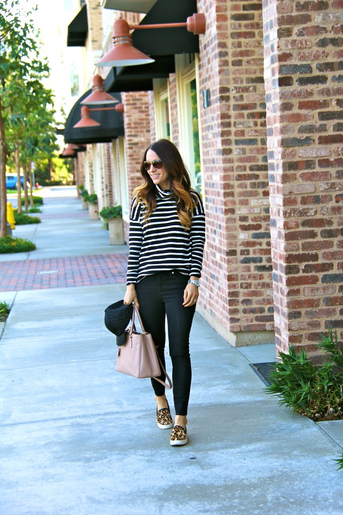 stripe turtleneck, black jeans 