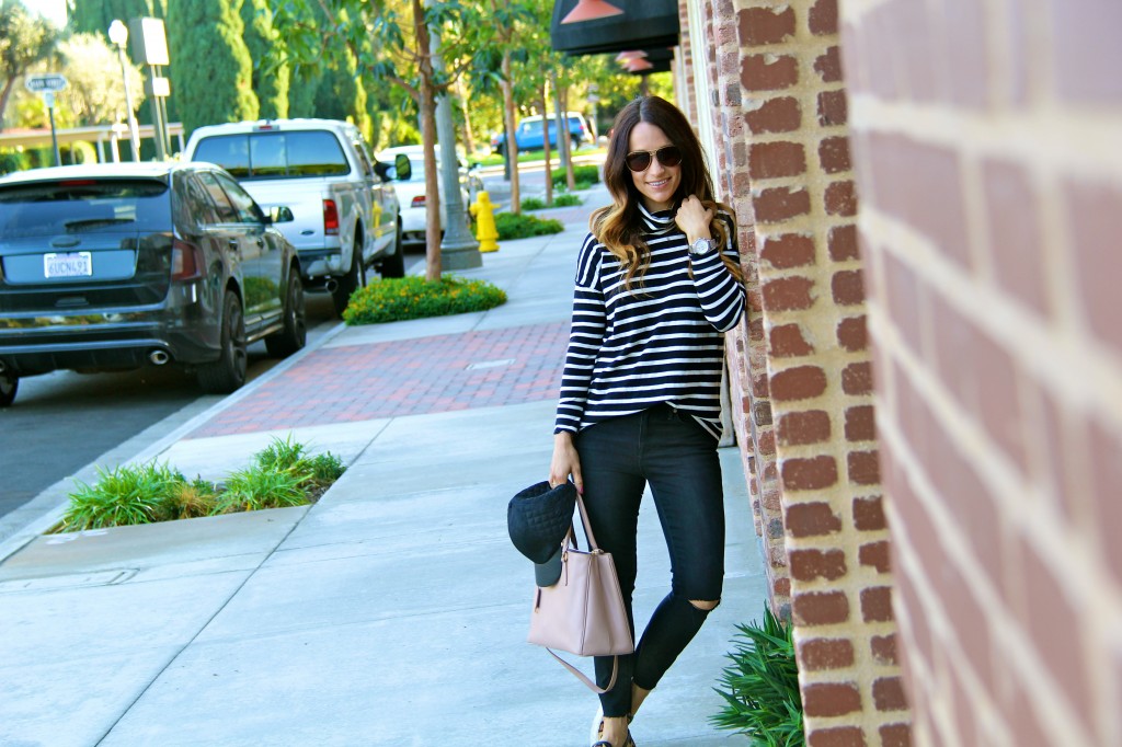 distressed denim, stripe turtleneck