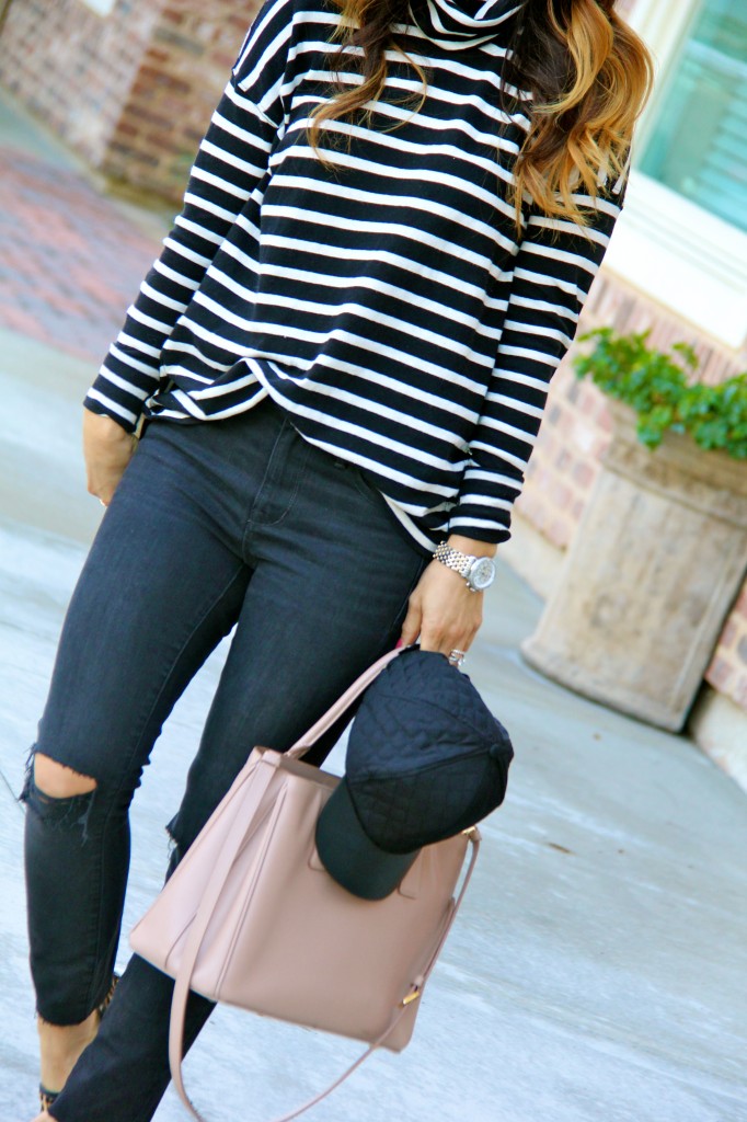 distressed denim, baseball cap, stripe turtleneck