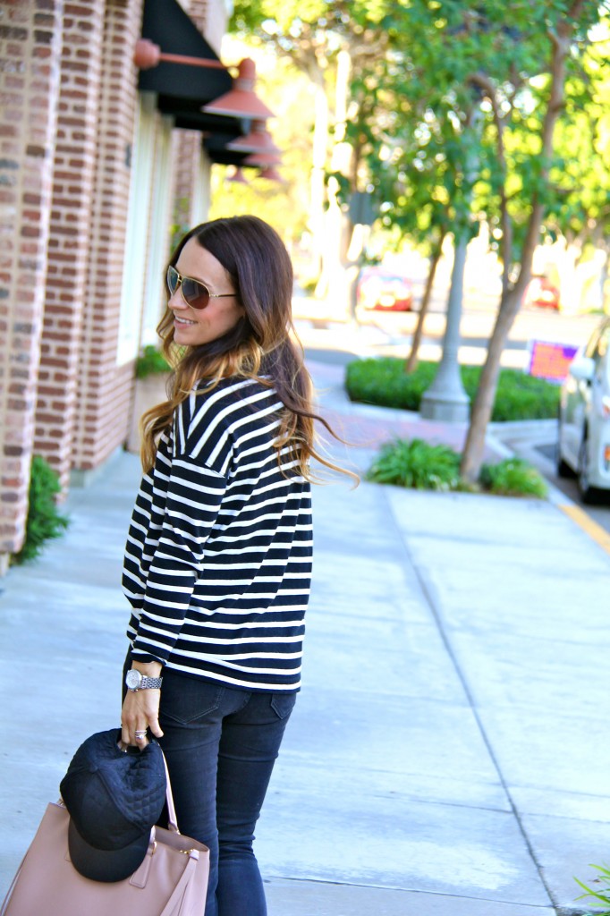 baseball cap, stripe turtleneck