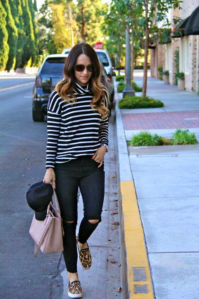 distressed denim, leopard sneakers, stripe turtleneck