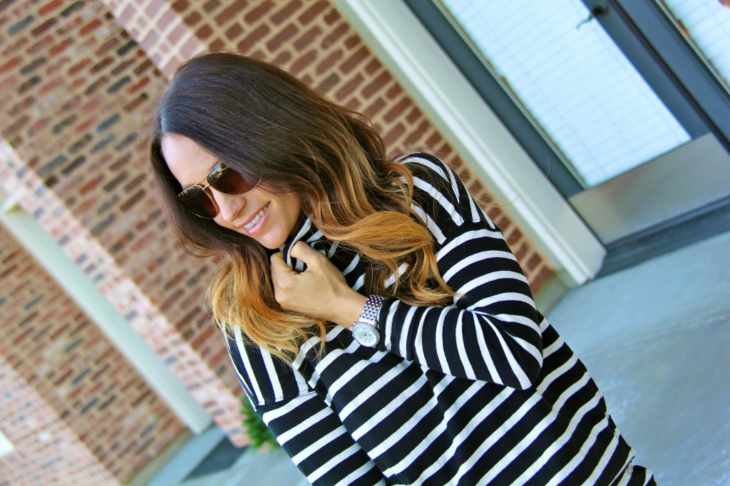 michele watch, stripe turtleneck, aviators 