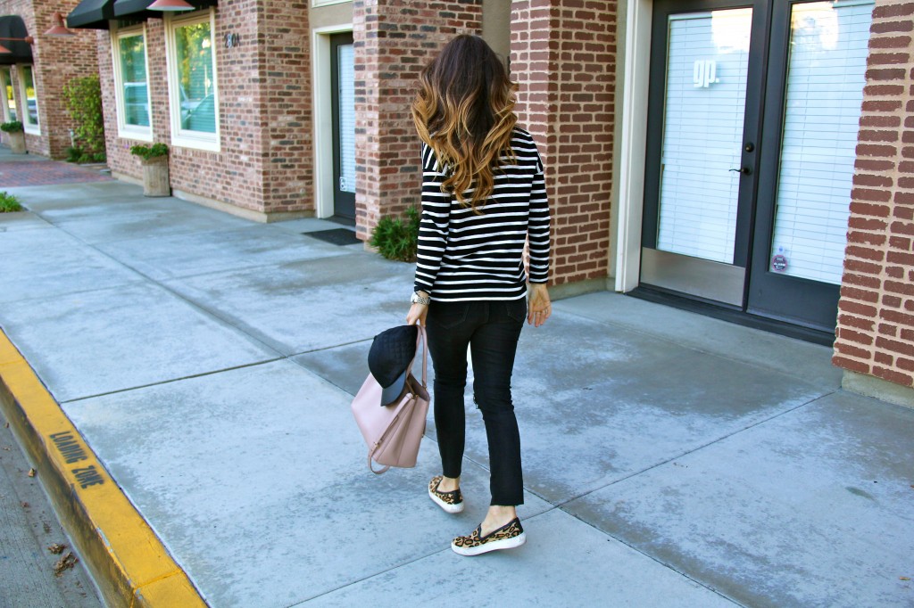 leopard sneakers, stripe turtleneck