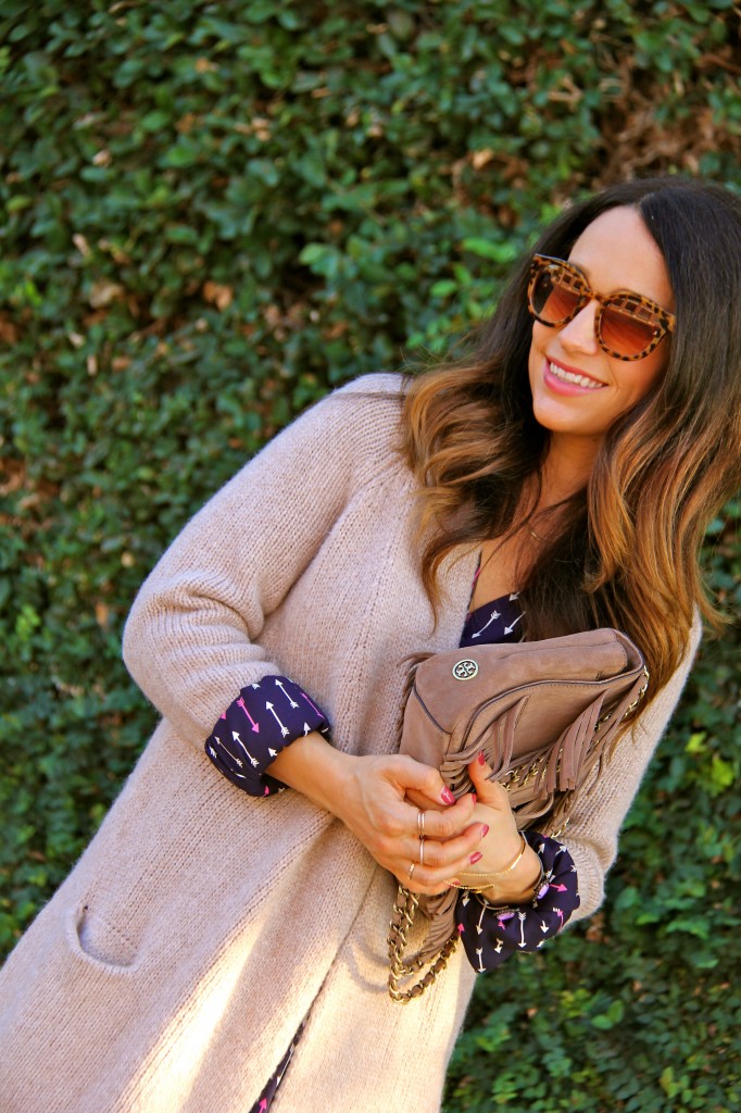 fringe purse, oversized cardigan 