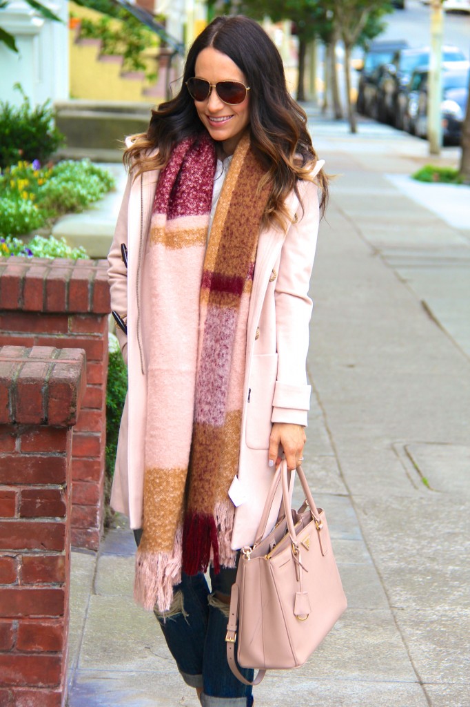 blanket scarf, tan coat 