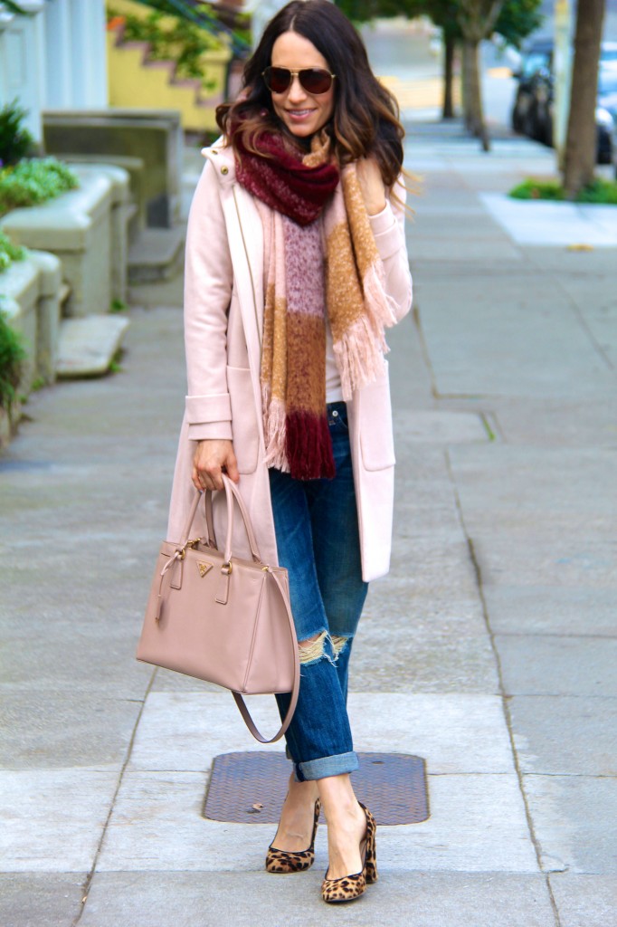 blanket scarf, distressed denim, tan coat