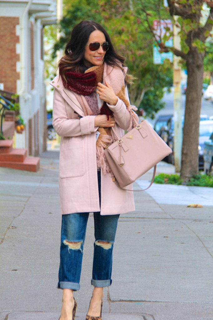 distressed denim, blanket scarf, tan coat 