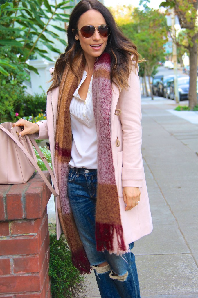 blanket scarf, distressed denim 