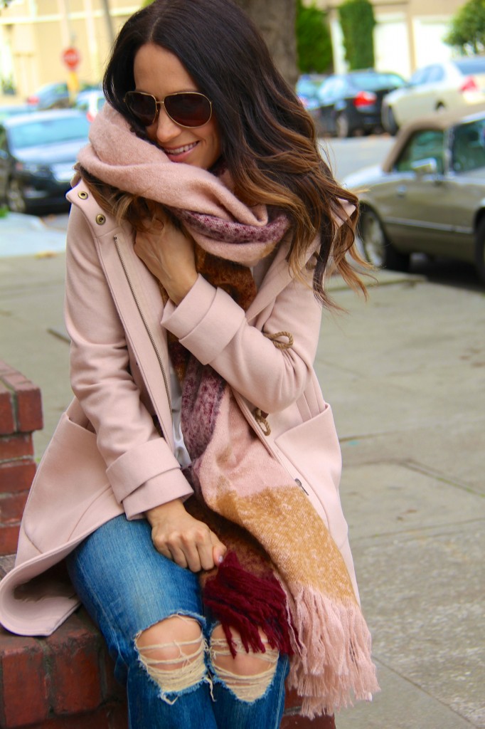 distressed denim, blanket scarf 