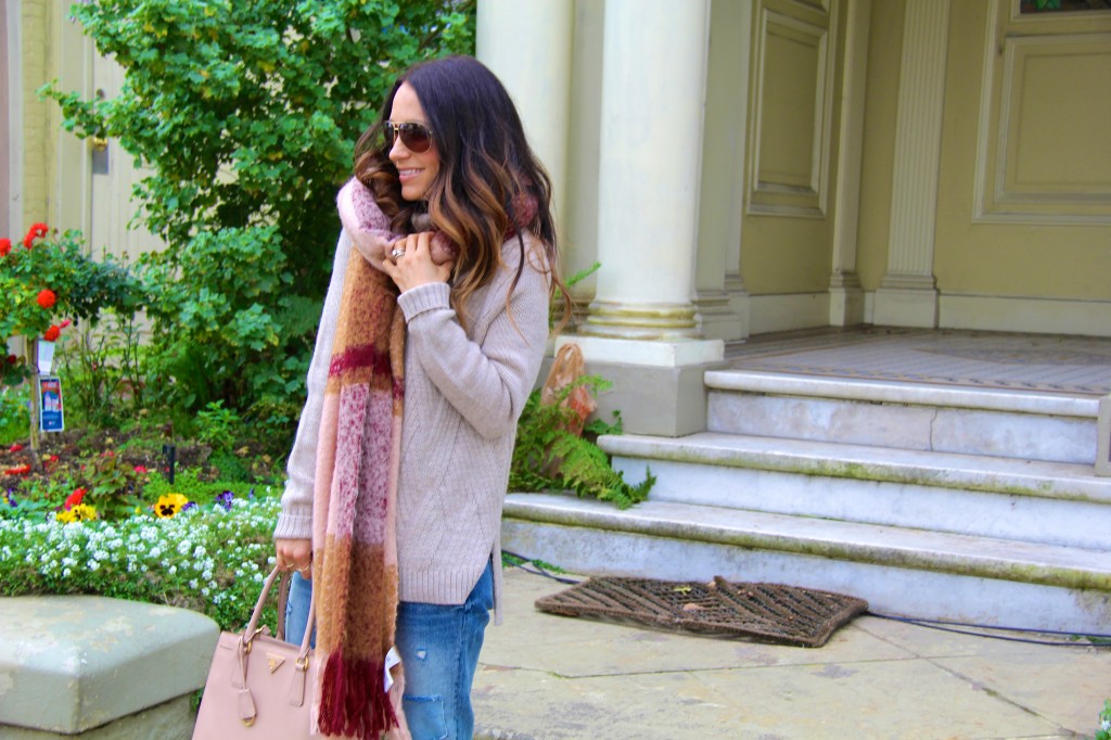 chunky knit sweater, blanket scarf