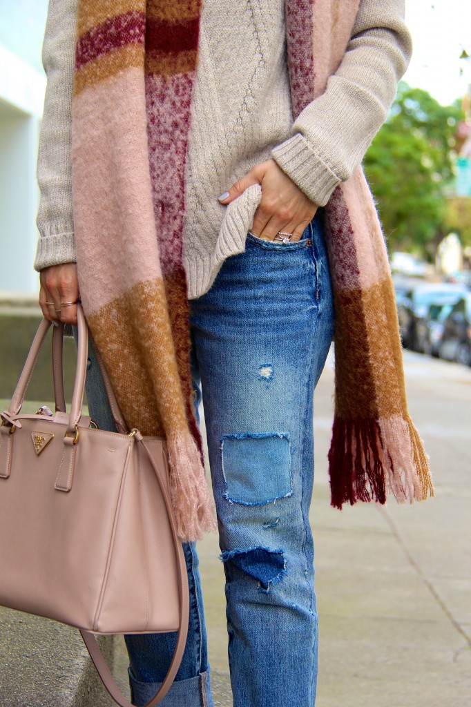 distressed denim, chunky knit sweater 