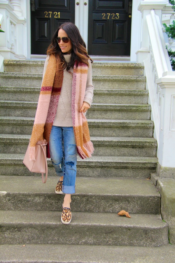 distressed denim, blanket scarf, chunky knit sweater