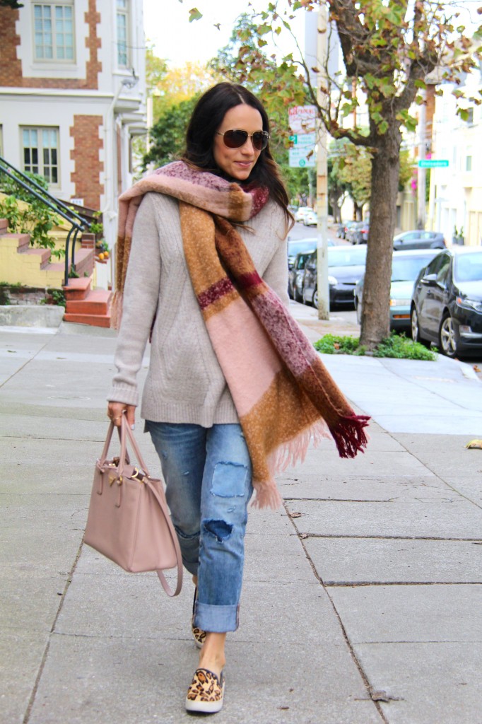 chunky knit sweater, distressed denim, blanket scarf 