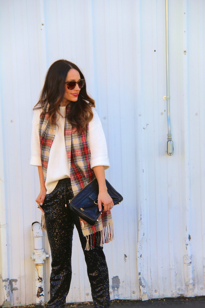 tartan scarf, sequin jogger pants 