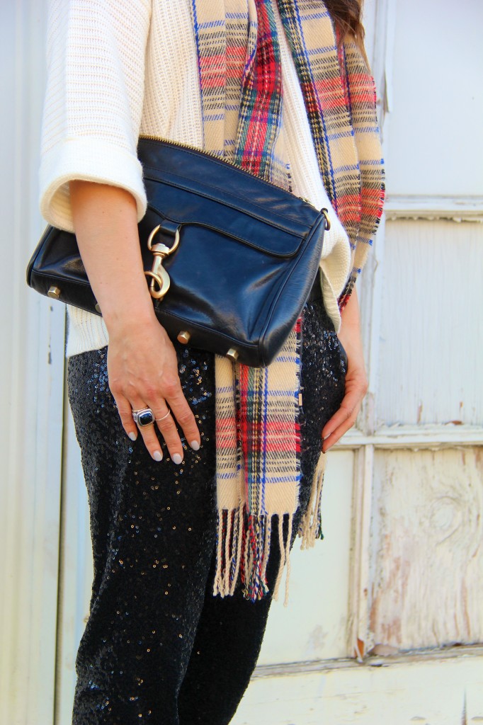 sequin joggers, tartan scarf